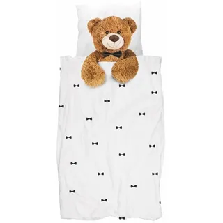 Snurk Kinderbettwäsche Teddy, Perkal, 2 teilig, Kuscheltier, Schleifen braun|weiß