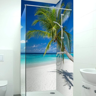 DRUCK-EXPERT Premium Duschrückwand 0,4 mm selbstklebendes Hart-PVC, Größe:1 x B 103 x H 240 cm Hochformat, Muster:Palmen Strand