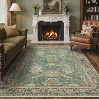 BEIMO Vintage Waschbarer Teppich Wohnzimmer, 160x230cm Moosgrün | Boho Orientalisch, Großer Weicher Kurzflor Carpet mit Rutschfester für Küche und Bettvorleger Schlafzimmer