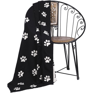 Penguin Home® Gestrickte Überwurfdecke aus 100% Baumwolle in Haustier-Designs – weiße Pfotenabdrücke auf Schwarz – mit extra weicher Haptik für Sofa