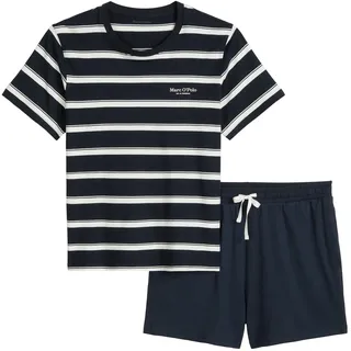Marc O'Polo Herren Schlafanzug, kurz - Pyjama Set, 2-teilig, gestreift, Baumwolle Dunkelblau / L