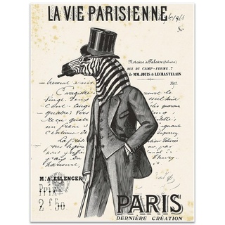 wandmotiv24 Poster Vintage, Zebra, Paris, Vintage (1 St), Wandbild, Wanddeko, Poster in versch. Größen grau 80 cm x 60 cm x 0.1 cm