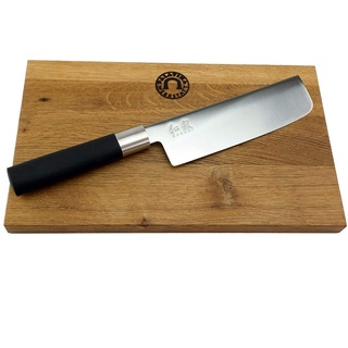 KAI Wasabi Black Geschenkset | ultrascharfes japanisches Nakiri Messer | + massives Schneidebrett aus altem Fassholz 25x15 cm | VK: 88,95 €