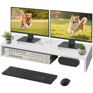 TV-Aufsatz mit Erhöhung,PC Regal Aufsatz Bildschirmerhöhung Hochglanz, Ideal für TV-Erhöhung und Schreibtischorganisation, Weiß:90x30x15cm