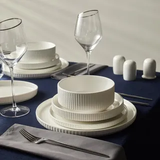 Karaca Forever Bone Pablito - 53-teiliges Geschirrset 12 Personen Modern, New Bone Teller Set Porzellan, Geschirr Set mit Müslischalen, Suppenschalen, Servierplatte, Pastateller, Dessertteller - Weiß