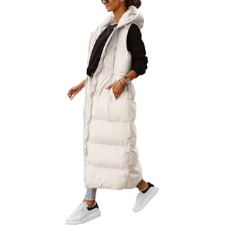 Shanfetl Damen Lange Steppweste Kapuze Maxilänge Ärmellos Puffer Weste Gepolsterter Mantel Winter Oberbekleidung, Beige, S - S
