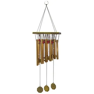Saraswati Windspiel Klangspiel "Pakua mit 10 Aluminium Röhren und Münzen" Metal, Holz 15x5