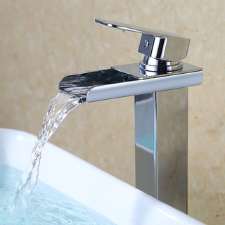 Wasserhahn Wasserfall Waschtischarmatur Hoch Mischbatterie  Armaturen Waschbecken Einhebelmischer für Badezimmer, Verchromt Messing, Heißes und K...
