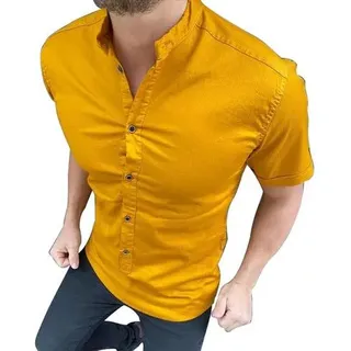 Kurzhemd Herren designer Premium Megaman Hemd Slim-Fit Business Hochzeit Shirt Sommer Hemden Größe M Gelb