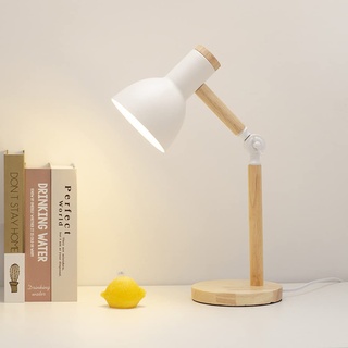 Mengjay Klassische Schreibtischlampe LED Leselampe im klassichen Holz, E27 Vintage Tischlampe Verstellbar Arbeitsleuchte, für Bürolampe, Nachttischlampe für Schlafzimmer, Wohnzimmer(Weiß)
