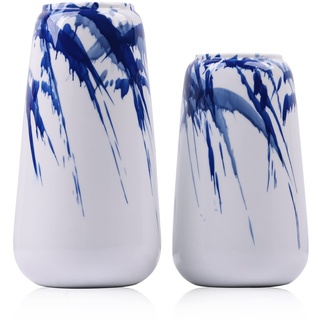 Keramische Blaue und weiße Vase Satz von 2, glasierte dekorative marineblaue Vasen für Dekor, ideal für Wohnzimmer, Schlafzimmer, Küche Tafelaufsätze, marineblaue Akzente für modernes Dekor
