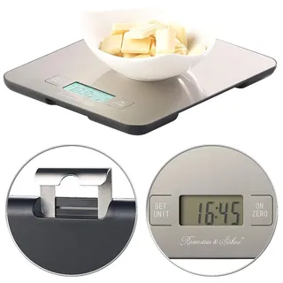 Rosenstein & Söhne Digitalwaage: Digitale Edelstahl-Küchenwaage mit Timer, bis 15 kg, auf 1 g genau (Eieruhren, Waagen, ohne Batterie)