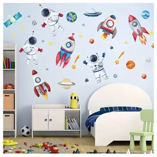 Montegoni Wandsticker Astronaut Wandsticker Kinderzimmer Weltall Deko Set, Raketen Planeten (Mehrteiliges Wandtattoo Set, 1 Set Wandsticker Kinder), Selbstklebend, farbstabil, rückstandslos, individuell platzierbar