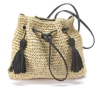 Umhängetasche LASCANA Gr. B/H/T: 36 cm x 32 cm x 1 cm, beige (beige, schwarz) Damen Taschen Strohtasche Strandtaschen aus Papierstroh, Strandtasche, Handtasche, Schultertasche VEGAN