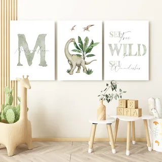 Pandawal Kinderzimmer Bilder Dino mit Spruch und Name Dinosaurier 3er Poster- Set für Mädchen und Junge Wandbilder