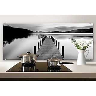 K&L Wall Art Spritzschutz Glasbild Seepanorama schwarz weiß Küchenspritzschutz 100x40cm inkl. Klemmbefestigungen
