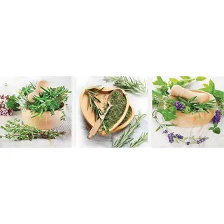 levandeo Wandbild 3er Set je 30x30cm Glas Kräuter Schüssel Gewürze Küche Deko Glasbild Wanddeko Küchendeko Küchenbild
