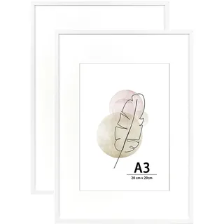 KAIWIN A3-Bilderrahmen, Weiß, 2er-Set, Holz-Posterrahmen, geeignet für A4 mit Passepartout, 29,7 x 42 cm, Bilderrahmen zur Wandmontage, Display für Zuhause, Büro, Galerie, Urlaub mit Fotos, Postern