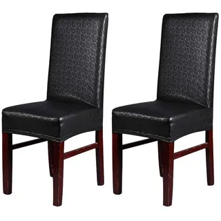 KELUINA Elastische Spandex Pu Leder Stuhlhussen für esszimmer, solide Leder Wasserdicht und Öldicht Stretch Stuhl Schutzhülle für Hotel und Familie esszimmer Dekoration (Schwarz,2 Pack)