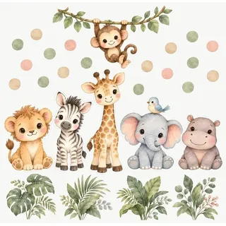 Wandtattoo Kinderzimmer Safari Freunde, 25er Set, Safaritiere, Pflanzen, Punkte, Wandsticker selbstklebend und ablösbar, 100 x 100 cm - Bunt