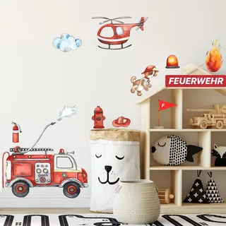 WANDKIND Feuerwehr Wandtattoo Set V246 | handgezeichnet | AUFKLEBER Kindergarten | Wandsticker Kinderzimmer Deko Helikopter Hubschrauber Feuerwehrhund Fahrzeug Auto Feuerwehrauto (50 x 50 cm)