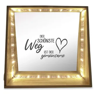 WB wohn trends Deko-Leuchte LED-Spiegel aus Holz mit Motiv, Der schönste Weg ist der gemeinsame, 24x23x8cm, Deko-Spiegel Licht LED-Lampe mit Text Spruch