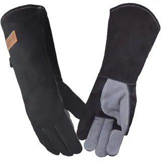 WZQH 40 CM, Leder Grillhandschuhe, Feuerfester Hitzebeständige Mitts für Schweißen, Feuerwehr, Kamin, Ofen, Backen, Herd, Topfhalter, Tierbehandlung. Grau-schwarzer Großer Feuerfest Handschuh