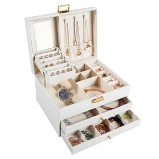 aichilra Schmuckkästchen Groß, 3 Ebenen Schmuckschatulle mit Spiegel und 2 Schubladen,Schmuckaufbewahrung für Damen,PU-Leder Schmuckkoffer für Halsketten, Ohrringe, Armbänder und Ringe