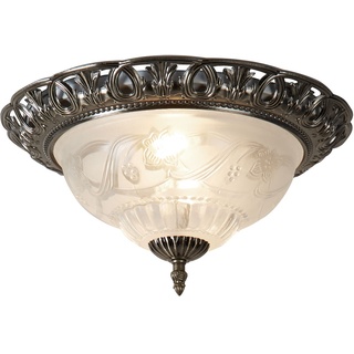 Deckenlampe Deckenleuchte Wohnzimmerleuchte Schlafzimmerlampe, Landhaus Stahl Zink messing antik Glas Blumendekor, 2x E14 Fassungen, DxH 33x17cm