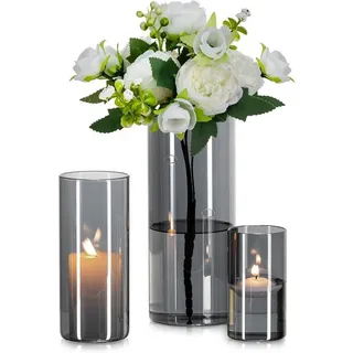 LuxusKollektion Tischvase Glasvase Zylinder Vase Grau 3 Stück Set Wohnzimmer Deko Runde beige