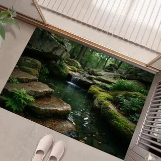 GDJSMIN Schmutzfangmatte Innen, Moosgrün Waschbarer Fussmatte, Naturgärten Bäche Felselemente Teppiche,rutschfest, Eingangstürmatte Für Flur Eingangsbereich Küche, 90 X 150 cm