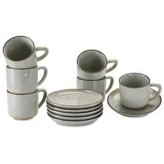Loberon Tasse mit Untertasse 6er Set Biarré, ursprünglicher, natürlicher Charakter, Geschirr mit mediterranen Charme, spülmaschinenfest, Tischaccessoires, Steinzeug, grau