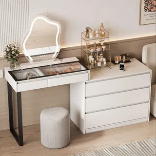 BROTTAR Schminktisch Schwarz mit Spiegel & LED-Licht, Bewegungssensor, Wireless Charging, Glas-Tischplatte, flexibel montierbar - Weiß