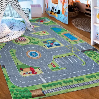 Mazovia Kinderzimmerteppich Antirutsch - Waschbar bis 30 Grad - Spielteppich Straße Stadt Straßenteppich - Kurzflor Kinderteppich für Kinderzimmer - ÖKO-TEX Zertifiziert - Bunt Grün 140 x 200 cm