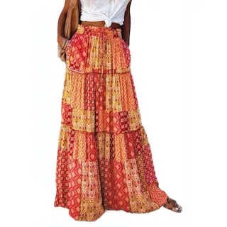 BETYFUL Maxi Rock Damen Langer Sommer Blumen Boho Hohe Elastische Taille Maxirock Stufenrock mit Taschen,A-Linie Strandrock - L