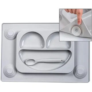 Tisch-Sets und Teller mit Saugnapf, mit Löffel für Kinder von RayMoonFütterset für Kleinkind und Baby für sauberes Füttern.Schale mit Saugnapf und Babyteller mit Sektionen.Von Easytot.