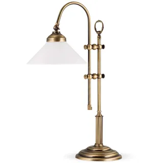 Helios Leuchten 403782 Retro Tischleuchte, vintage Tischlampe Schreibtischlampe echt Messing antik, Leselampe Glas weiss, Messinglampe Jugendstil