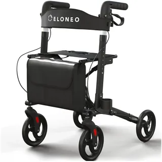 eloneo Leichtgewicht Rollator mit Sitz schwarz, faltbar und höhenverstellbar, Gehhilfe mit Einkaufstasche und Stockhalter