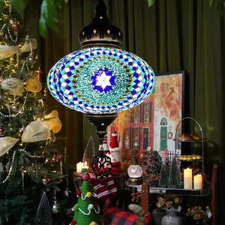 BOTOWI (8 Farben Türkischer Stil hängende Decke Mosaik Lampe Mehrfarbig dekorative Bunte Glaskugel Kronleuchter marokkanische Pendelleuchten Leuchten für Wohnzimmer Schlafzimmer Wohnkultur,Blau