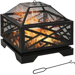 Outsunny Feuerschale mit Funkenschutz, Feuerkorb mit Grillrost, Schürhaken, Metall,
