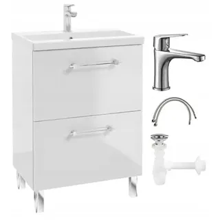 .Deftrans - Waschbeckenunterschrank 60 cm Breit x 40 cm Tief x 84 cm Hoch – Badezimmerschrank mit Waschbecken, Armatur und Siphon – Badunterschrank stehend in Weiß Hochglanz – mit Schubladen