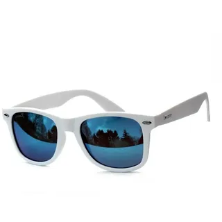 Rennec Sonnenbrille (Ovale Sonnenbrille Herren Festivalbrille Damen Weiß Matt Markenbrille, Retro Nerd Brille mit Brillenbeutel) Gläser Getönt oder Verspiegelt 3in2 Bügelgelenke blau