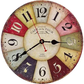 Bunte Vintage-wanduhr Aus Holz, Geräuschloses Pendel, Rundes Retro-zifferblatt, Rustikaler Toskanischer Stil, Dekoration Für Wohnzimmer, Schlafzimmer, Büro, Zuhause, Café, Bar. 30 Cm (12 Zoll)