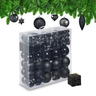 Relaxdays Weihnachtskugeln 110er Set Kunststoff, Weihnachtsbaumdeko mit Kugeln & Lametta, Christbaumschmuck, schwarz