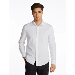 Businesshemd TOMMY HILFIGER "FLEX POPLIN KENT COLLAR SF SHIRT", Herren, Gr. XL, N-Gr, weiß (optic weiß), Popeline, Obermaterial: 100% Baumwolle, unifarben, casual, slim fit hüftlang, Langarm 1-Knopf-Manschette, Hemden, mit Logostickerei