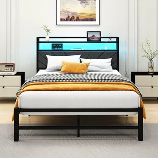 ARFARLY Bett 120x200 mit Lattenrost aus Metall,Doppelbett 120x200cm mit LED Beleuchtung,Bettgestell 120x200cm Bett mit Kopfteil und Ladestation(2 AC-Steckdosen& 1 USB-Anschlüsse) Jugendbett Doppelbett