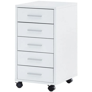 möbelando Rollcontainer Rollcontainer Weiß 33 x 63 x 38 cm Holz Schubladen, Rollcontainer Weiß 33 x 63 x 38 cm Holz Schubladenschrank Schreibtisch, Büro Schrank mit 5 Schubladen, Container Rollschrank klein Standcontainer schmal, Schreibtischcontainer mit Rollen