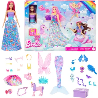 Barbie-Adventskalender mit Puppe und 24 Überraschungs-Accessoires mit Einhorn und 3 Tieren, die Modepuppe mit rosa Haaren kann in eine Meerjungfrau, Fee und mehr verwandelt Werden, HRG90