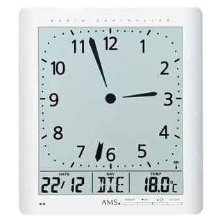 AMS Wanduhr 5896 Funkuhr weiß, 21 x 24 cm, Thermometer, Wecker, Datum