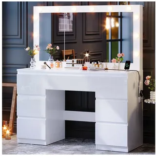 Furnicopia Schminktisch Großer verspiegelter Schminktisch mit sieben Schubladen (Abmessungen: 120 × 40 × 140 cm, 2 Steckdosen, 1 USB-Anschluss, 1 Typ-C-Anschluss. Spiegeldurchmesser: 106 cm. Inklusive Schmuckschrank mit speziellen Fächern für Halsketten, Ringe und Ohrringe-ostern geschenke) Schminktisch | 120 cm